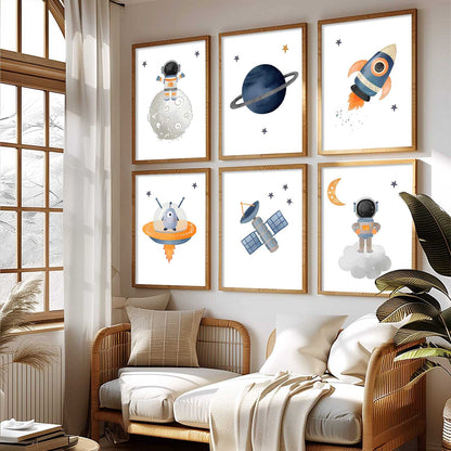 Retro Space Astronaut Planet Rocket Wall Art Paintings with Frame for Living Room Kids Bedroom