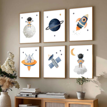 Retro Space Astronaut Planet Rocket Wall Art Paintings with Frame for Living Room Kids Bedroom
