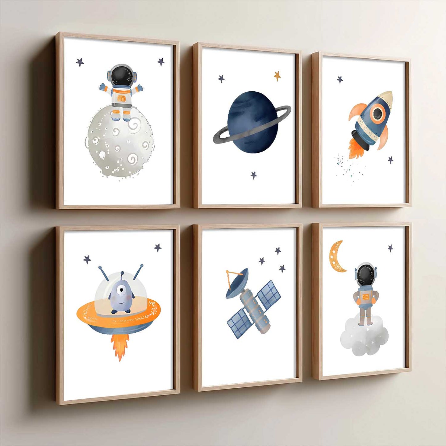 Retro Space Astronaut Planet Rocket Wall Art Paintings with Frame for Living Room Kids Bedroom