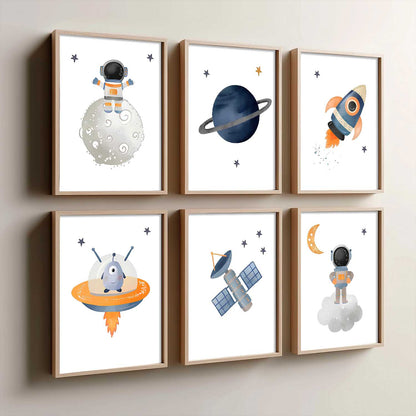 Retro Space Astronaut Planet Rocket Wall Art Paintings with Frame for Living Room Kids Bedroom
