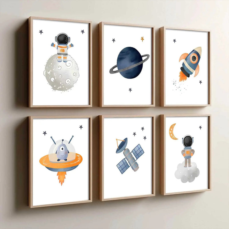 Retro Space Astronaut Planet Rocket Wall Art Paintings with Frame for Living Room Kids Bedroom