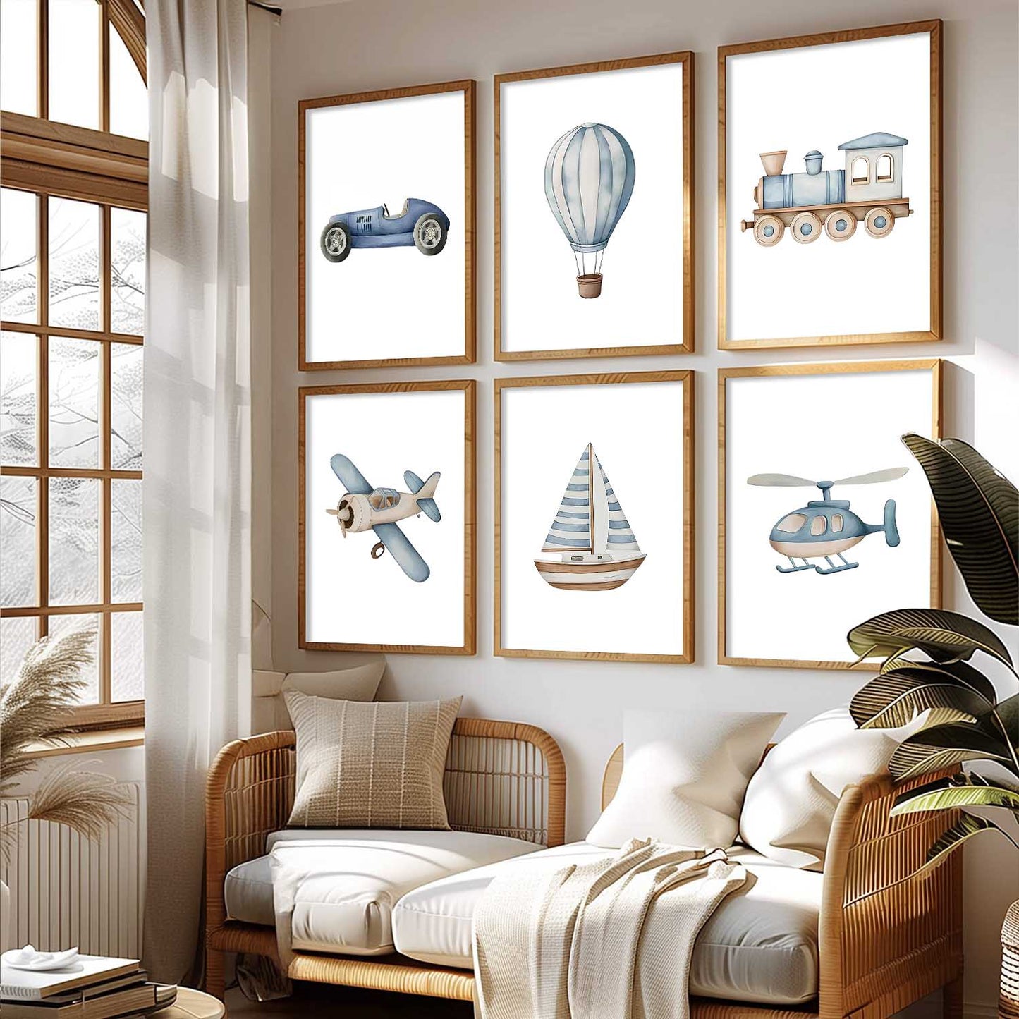Hot Air Ballon Toy Train Car Wall Art Paintings with Frame for Living Room Kids Bedroom