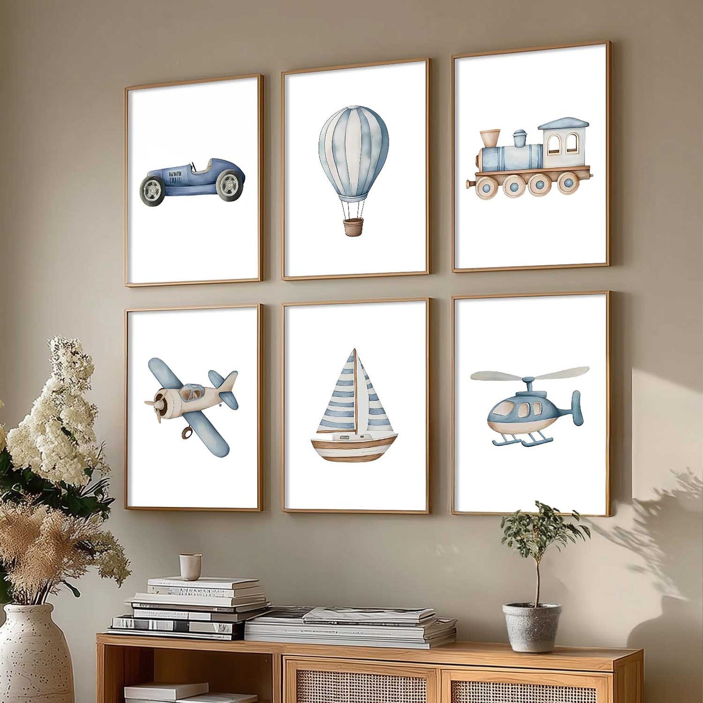 Hot Air Ballon Toy Train Car Wall Art Paintings with Frame for Living Room Kids Bedroom