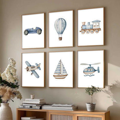 Hot Air Ballon Toy Train Car Wall Art Paintings with Frame for Living Room Kids Bedroom