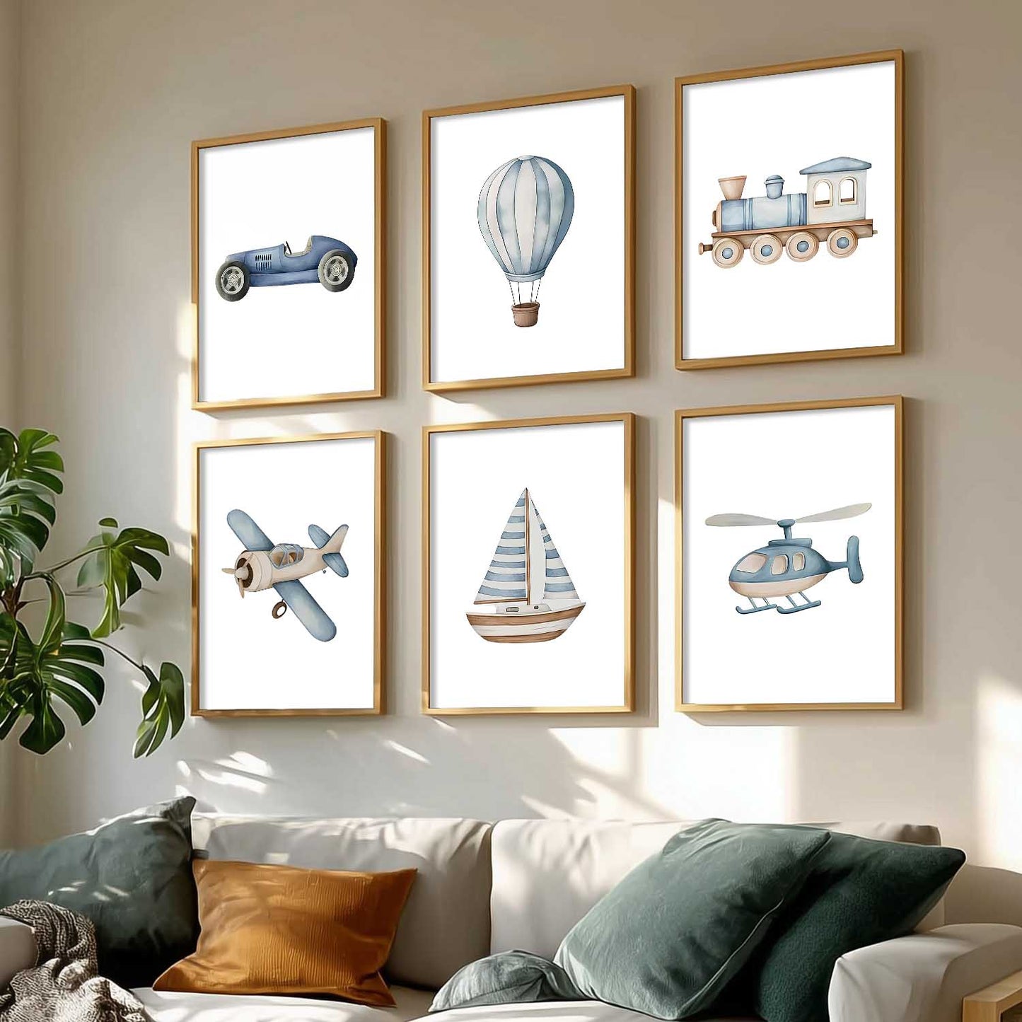 Hot Air Ballon Toy Train Car Wall Art Paintings with Frame for Living Room Kids Bedroom
