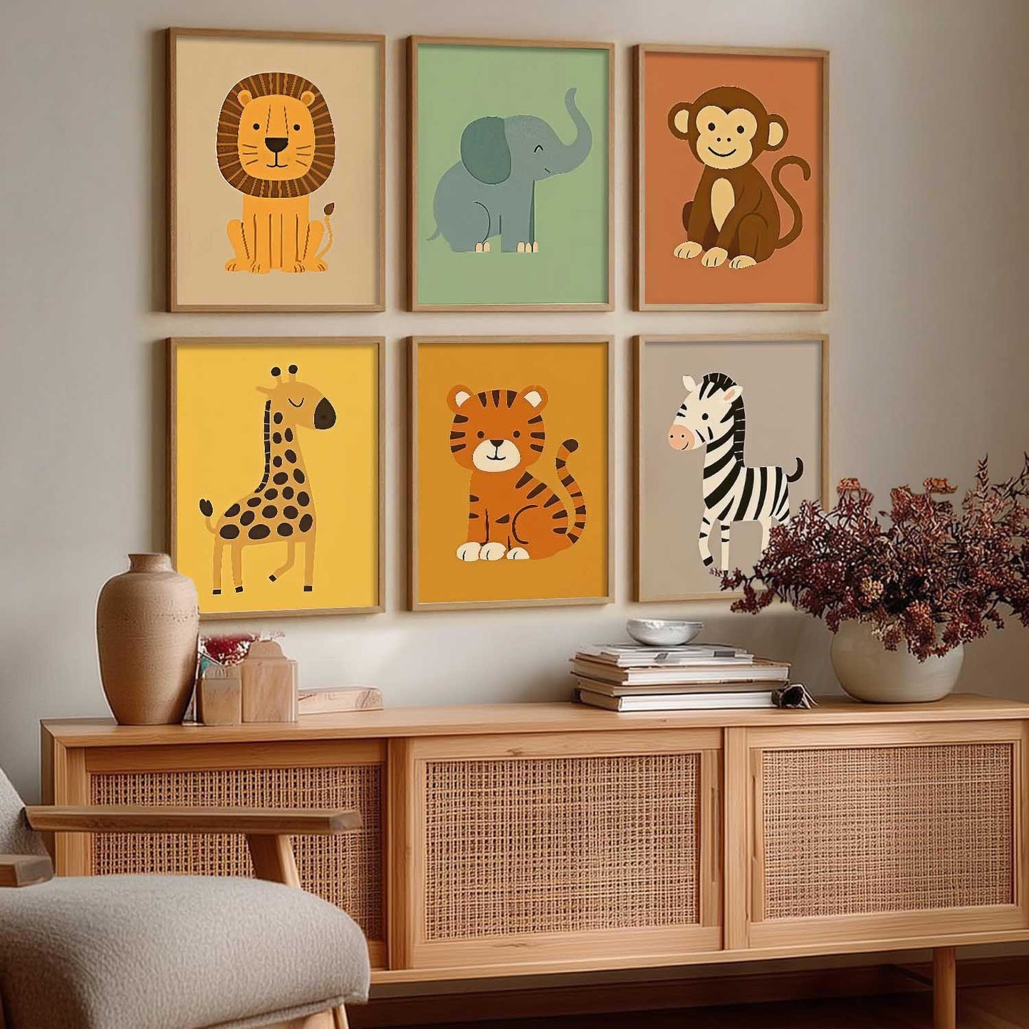 Safari Animals Wall Art Paintings with Frame for Living Room Kids Bedroom