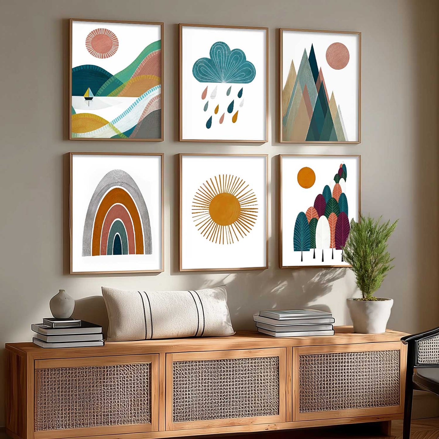 Boho Wall Art Paintings with Frame for Living Room Bedroom