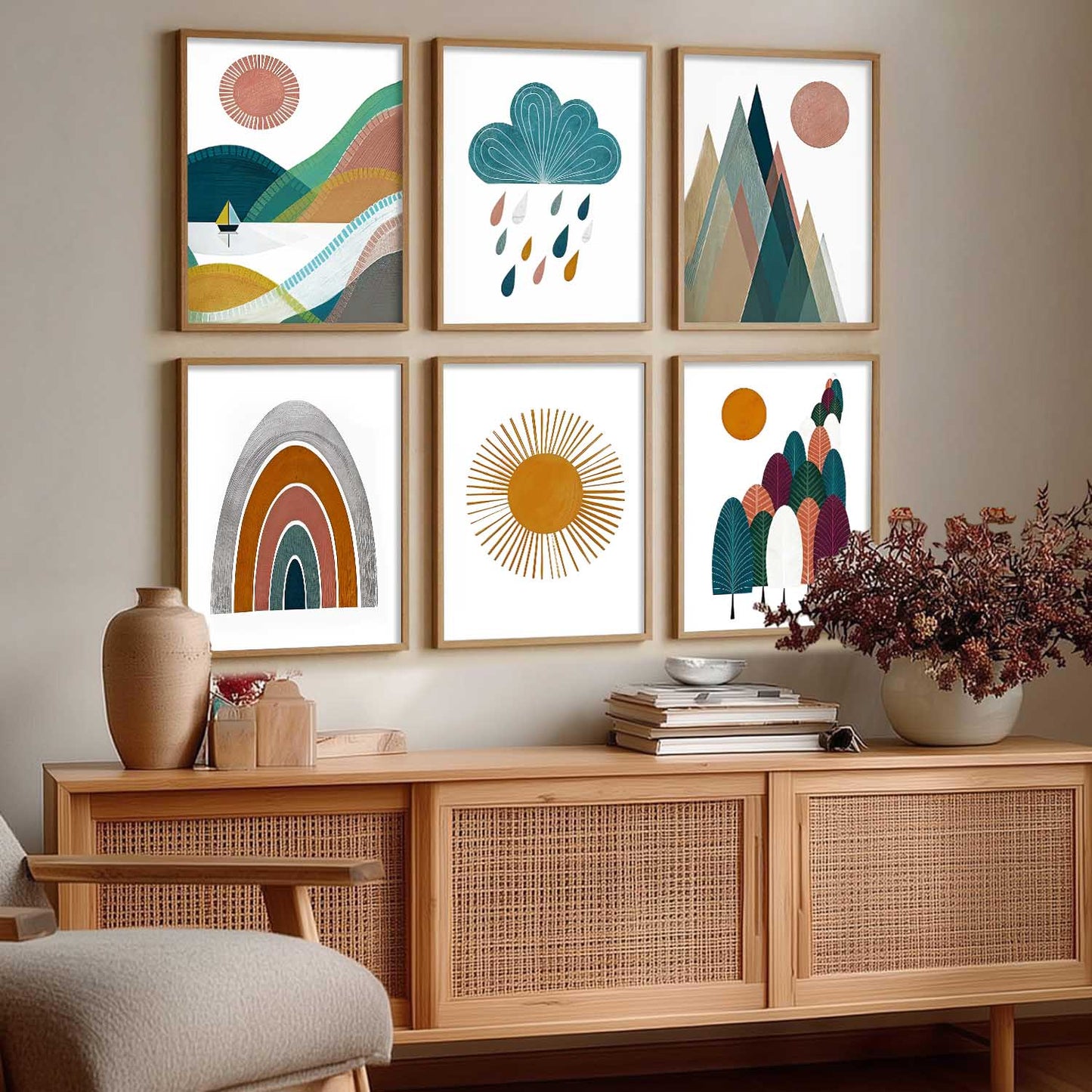 Boho Wall Art Paintings with Frame for Living Room Bedroom