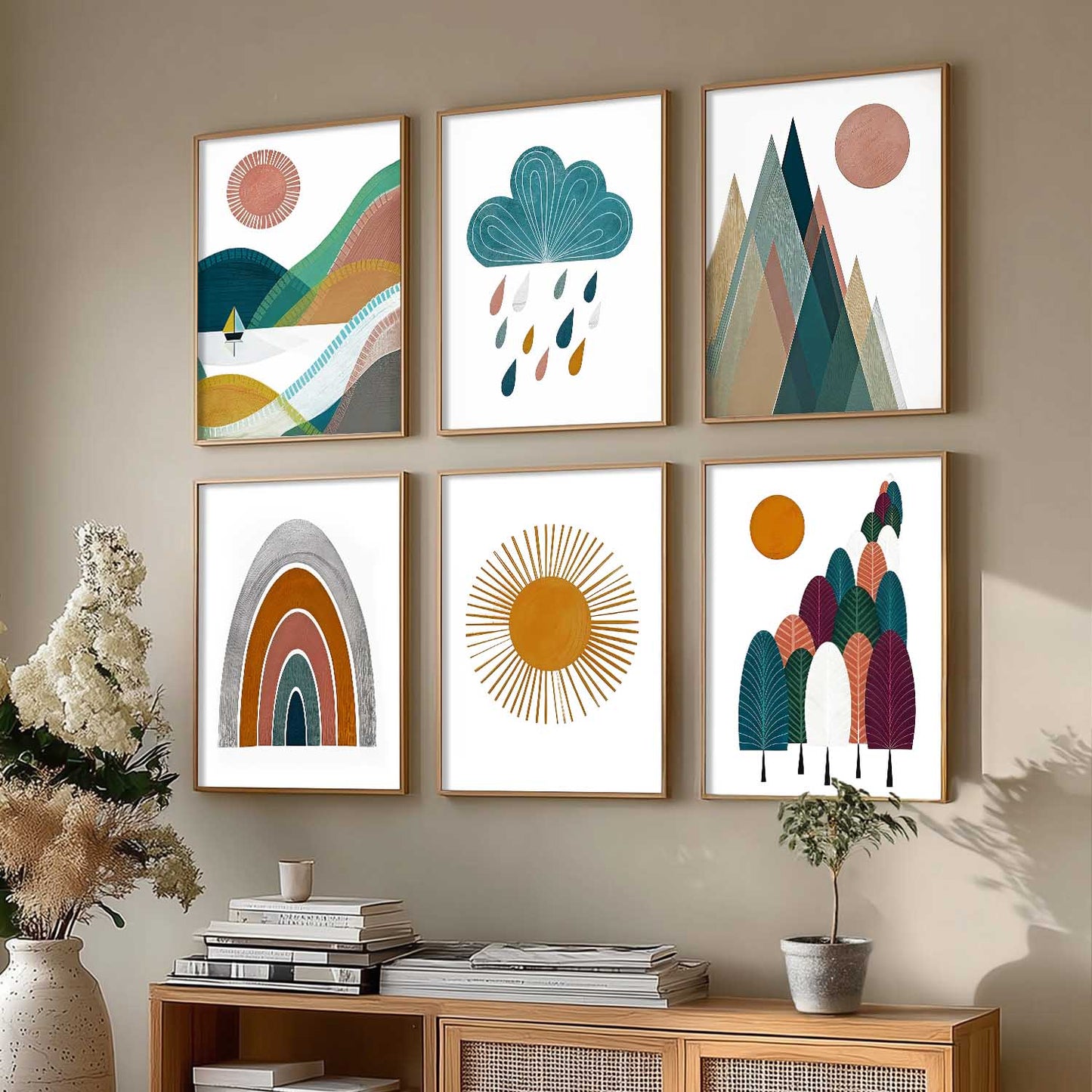 Boho Wall Art Paintings with Frame for Living Room Bedroom