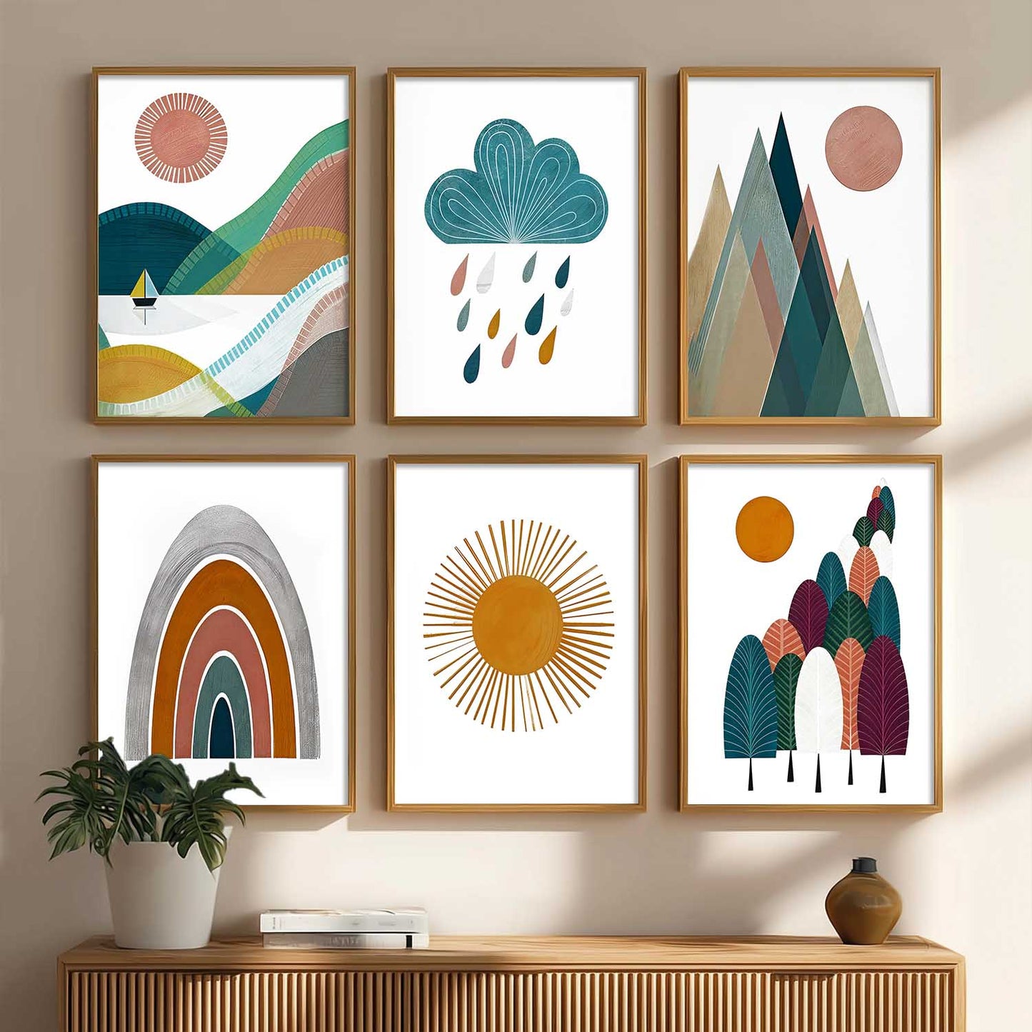 Boho Wall Art Paintings with Frame for Living Room Bedroom