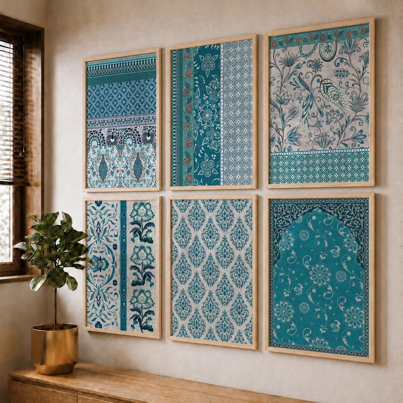 Traditional Indian Pattern Art Framed Posters for Home Living Room Bedroom and Office Wall Decor Set of 6