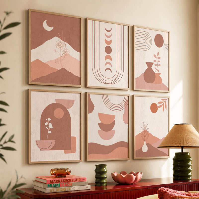 Abstract Shape Boho Minimalist Wall Art Set of 6 Framed Prints