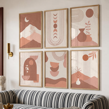 Abstract Shape Boho Minimalist Wall Art Set of 6 Framed Prints