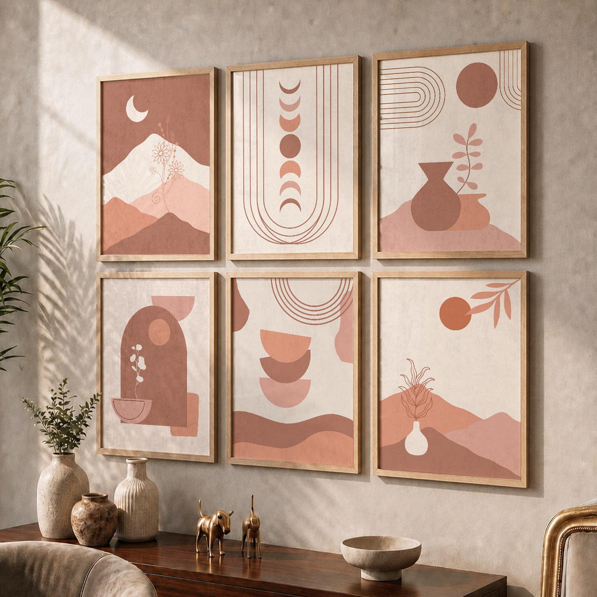 Abstract Shape Boho Minimalist Wall Art Set of 6 Framed Prints
