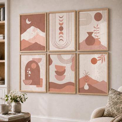 Abstract Shape Boho Minimalist Wall Art Set of 6 Framed Prints