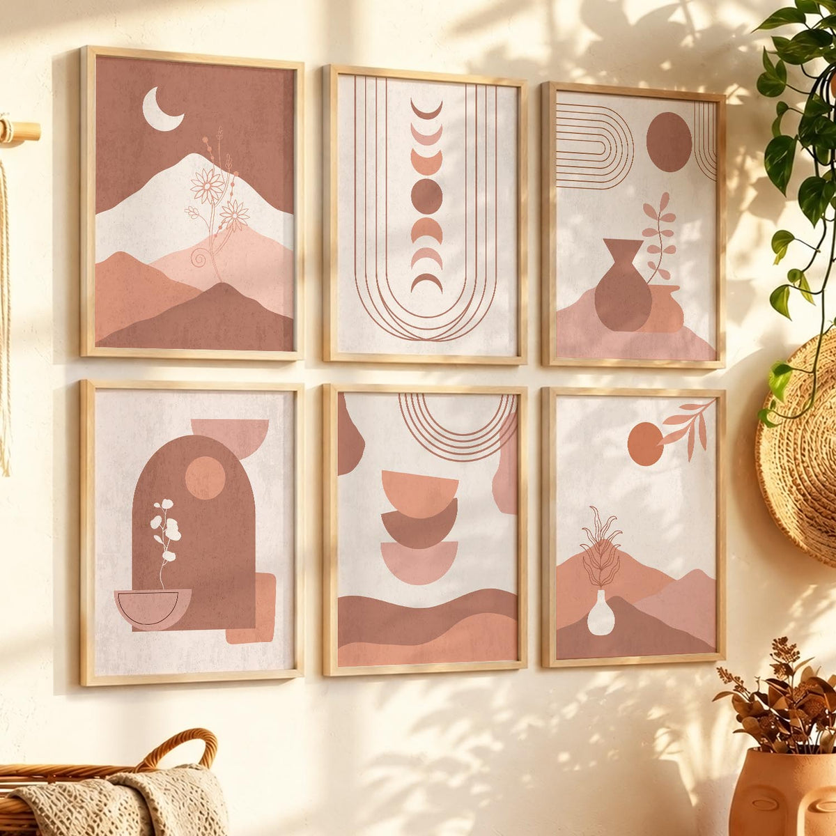 Abstract Shape Boho Minimalist Wall Art Set of 6 Framed Prints