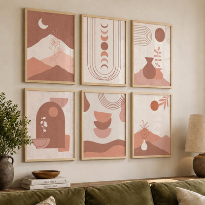 Abstract Shape Boho Minimalist Wall Art Set of 6 Framed Prints