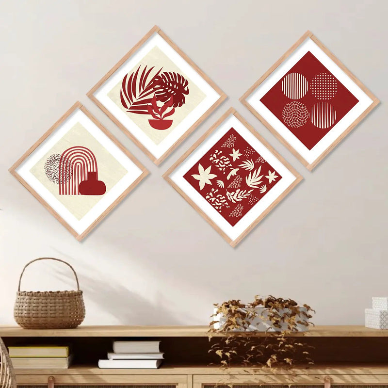 Red Color Modern Art Framed Print Combo for Home Living Room Office Wall Decor by Kotart store