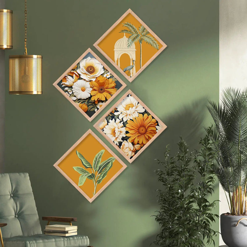 Yellow Floral Modern Art Framed Print Combo for Home Living Room Office Wall Decor by Kotart store