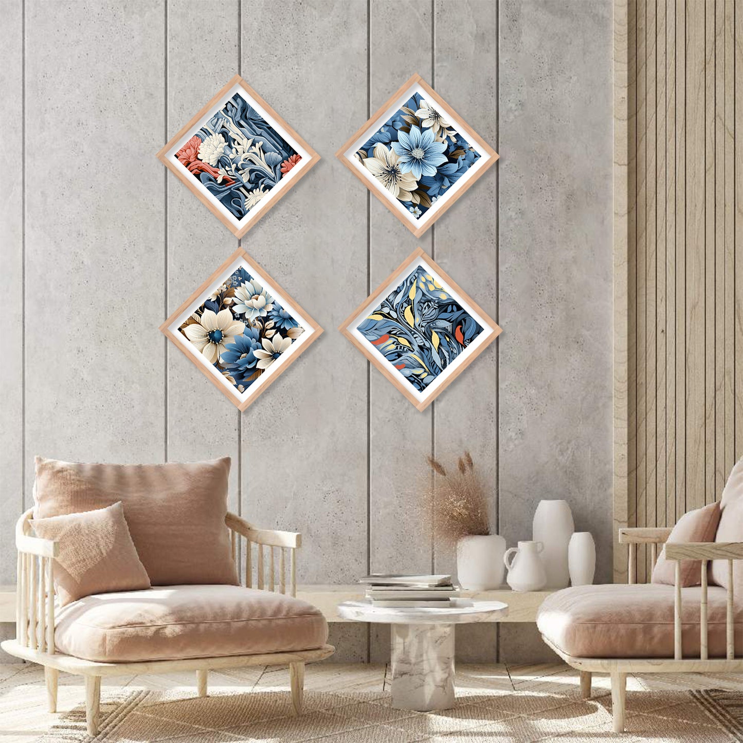 Nature Inspired Blue Floral Art Prints Set of Home Living Room Bedroom Office Wall decor