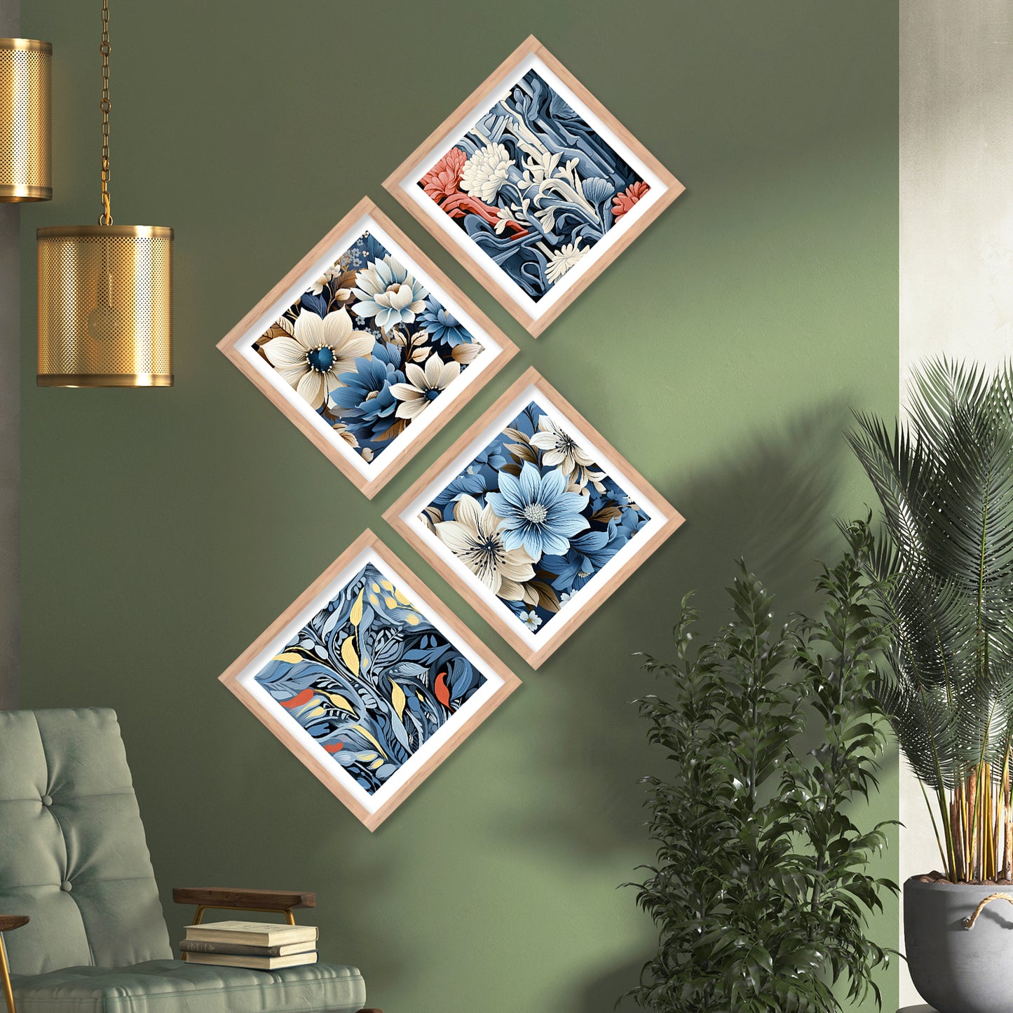 Nature Inspired Blue Floral Art Prints Set of Home Living Room Bedroom Office Wall decor