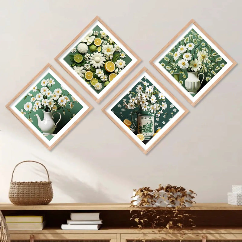 Nature Inspired Green and White Floral Art Prints Set of Home Living Room Bedroom Office Wall decor