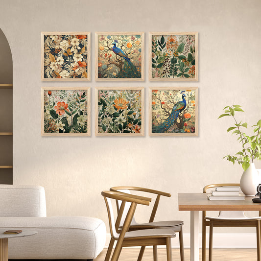 Nature Inspired Peacock Modern Art Prints with Frame for Living Room Bedroom Home and Office Wall Decor : Vintage Charm Set of 6
