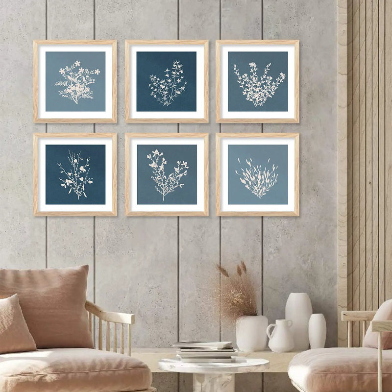 Nature Inspired Minimal Botanical Leaf Prints with Frame for Living Room Bedroom Home and Office Wall Decor :  Blue Color Theme Set of 6