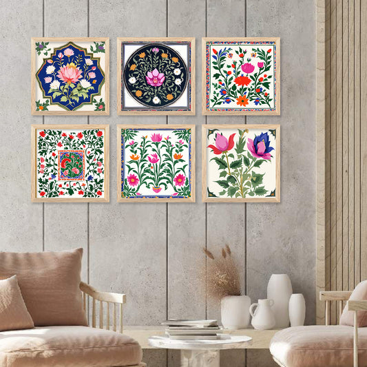 Traditional Indian Madhubani Art Prints with Frame for Living Room Bedroom Home and Office Wall Decor Set of 6