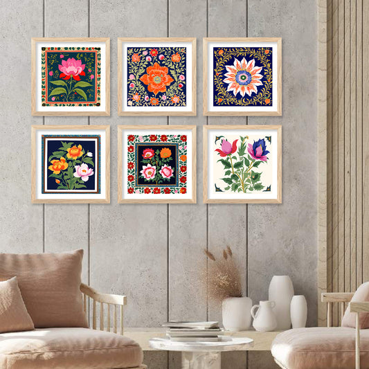 Traditional Indian Madhubani Art Prints with Frame for Living Room Bedroom Home and Office Wall Decor Set of 6