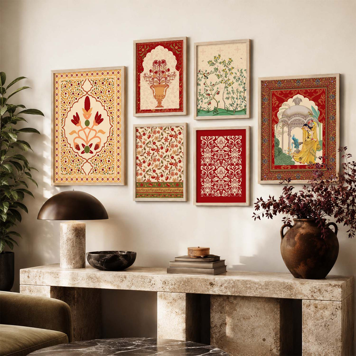 Traditional Indian Inspired Madhubani Art Prints with Frame for Living Room Bedroom Home and Office Wall Decor Set of 6