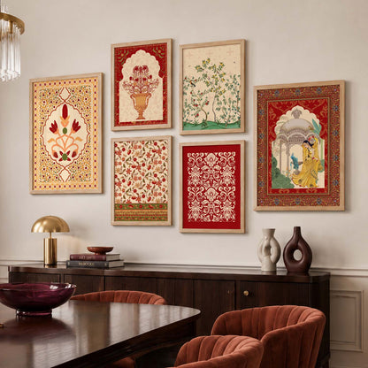 Traditional Indian Inspired Madhubani Art Prints with Frame for Living Room Bedroom Home and Office Wall Decor Set of 6
