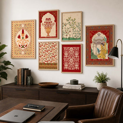 Traditional Indian Inspired Madhubani Art Prints with Frame for Living Room Bedroom Home and Office Wall Decor Set of 6