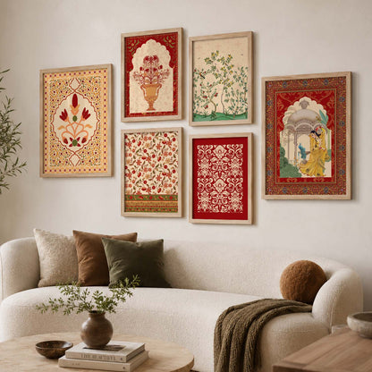 Traditional Indian Inspired Madhubani Art Prints with Frame for Living Room Bedroom Home and Office Wall Decor Set of 6