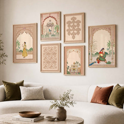 Traditional Indian Inspired Madhubani Art Prints with Frame for Living Room Bedroom Home and Office Wall Decor Set of 6