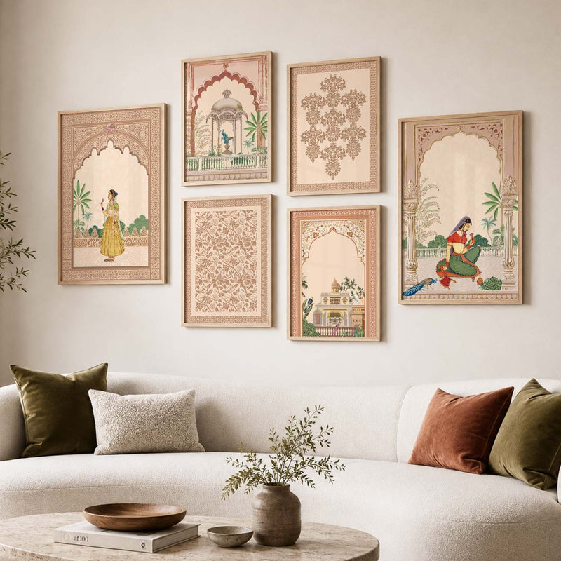 Traditional Indian Inspired Madhubani Art Prints with Frame for Living Room Bedroom Home and Office Wall Decor Set of 6