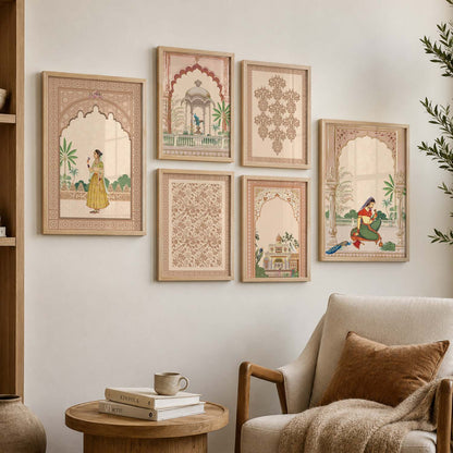 Traditional Indian Inspired Madhubani Art Prints with Frame for Living Room Bedroom Home and Office Wall Decor Set of 6