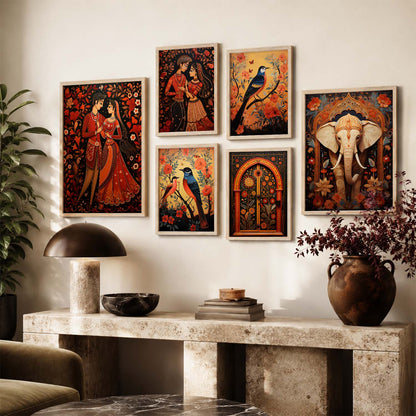 Traditional Indian Inspired Madhubani Art Prints with Frame for Living Room Bedroom Home and Office Wall Decor Set of 6