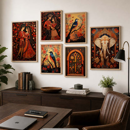 Traditional Indian Inspired Madhubani Art Prints with Frame for Living Room Bedroom Home and Office Wall Decor Set of 6