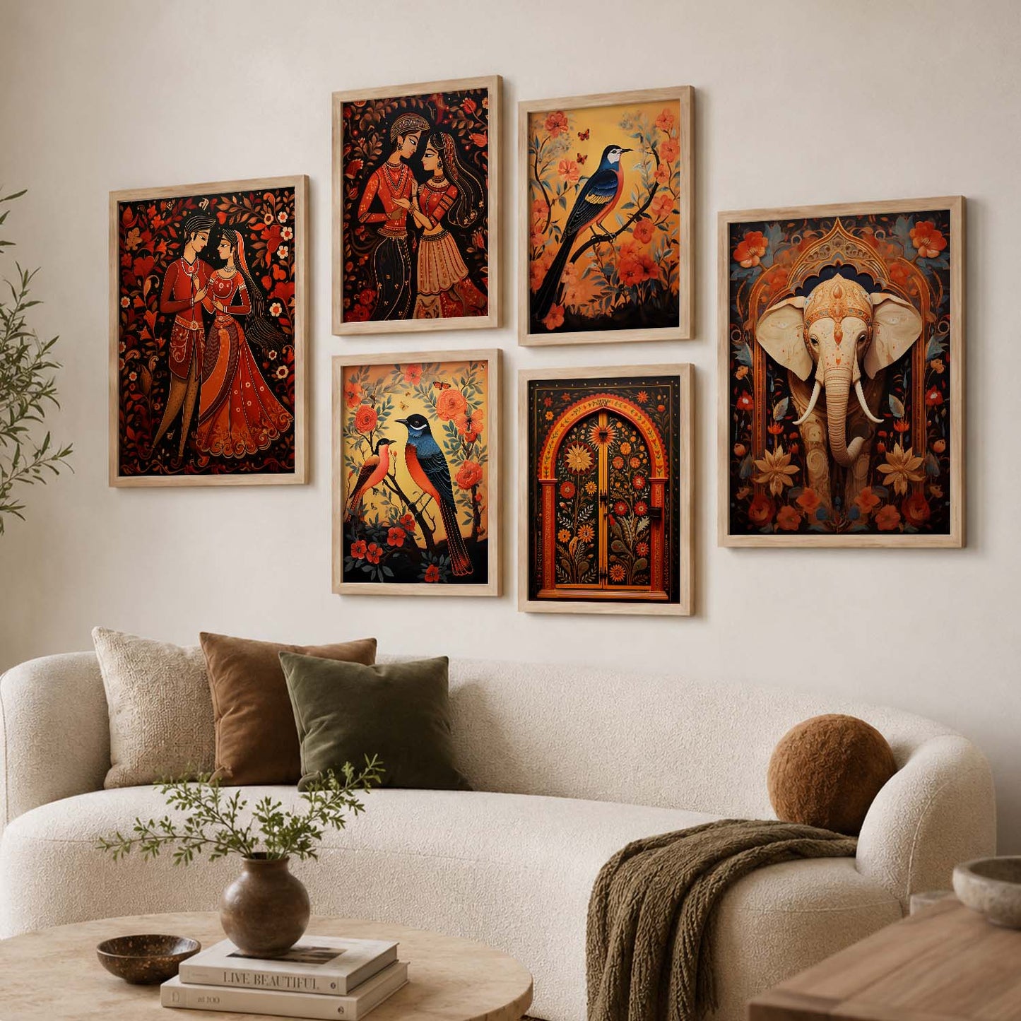 Traditional Indian Inspired Madhubani Art Prints with Frame for Living Room Bedroom Home and Office Wall Decor Set of 6