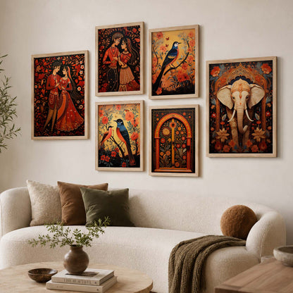 Traditional Indian Inspired Madhubani Art Prints with Frame for Living Room Bedroom Home and Office Wall Decor Set of 6