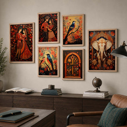 Traditional Indian Inspired Madhubani Art Prints with Frame for Living Room Bedroom Home and Office Wall Decor Set of 6