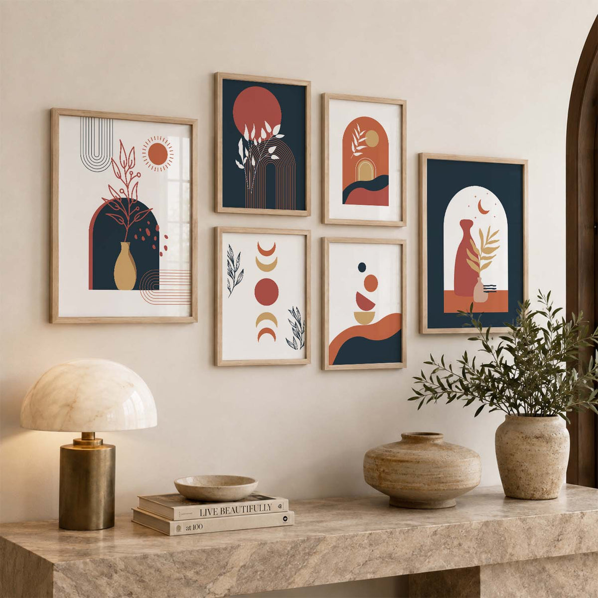 Abstract Boho Wall Art Set of 6 Framed Prints