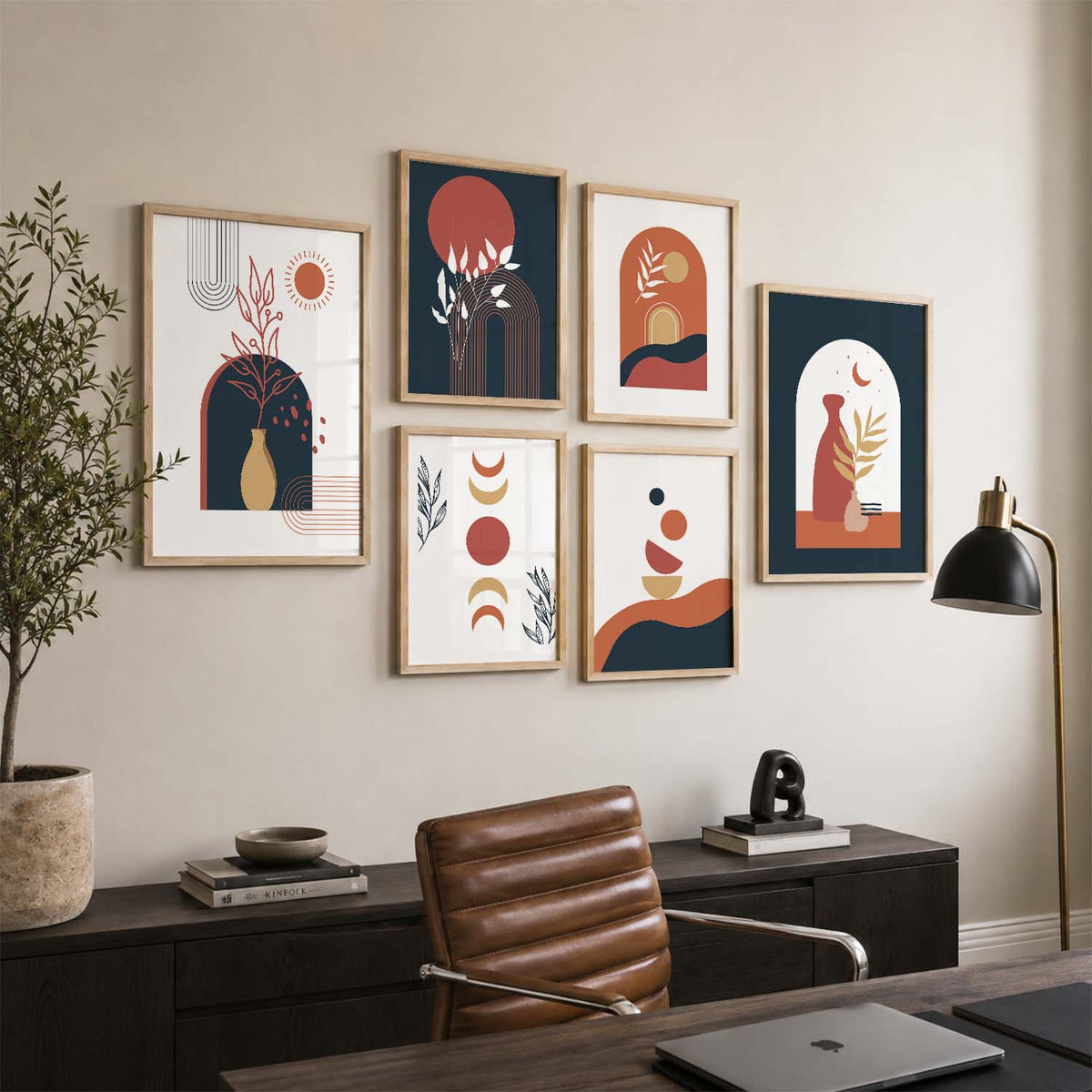Abstract Boho Wall Art Set of 6 Framed Prints