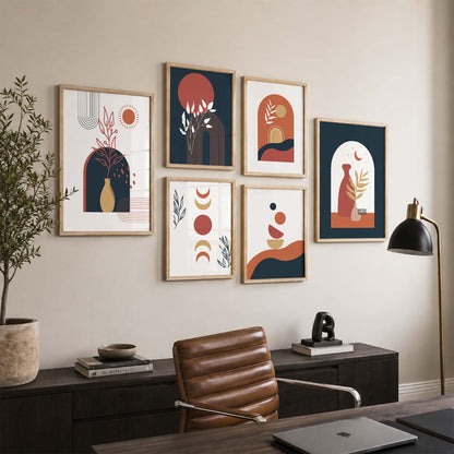 Abstract Boho Wall Art Set of 6 Framed Prints
