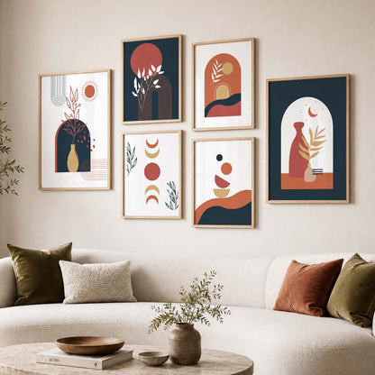 Abstract Boho Wall Art Set of 6 Framed Prints