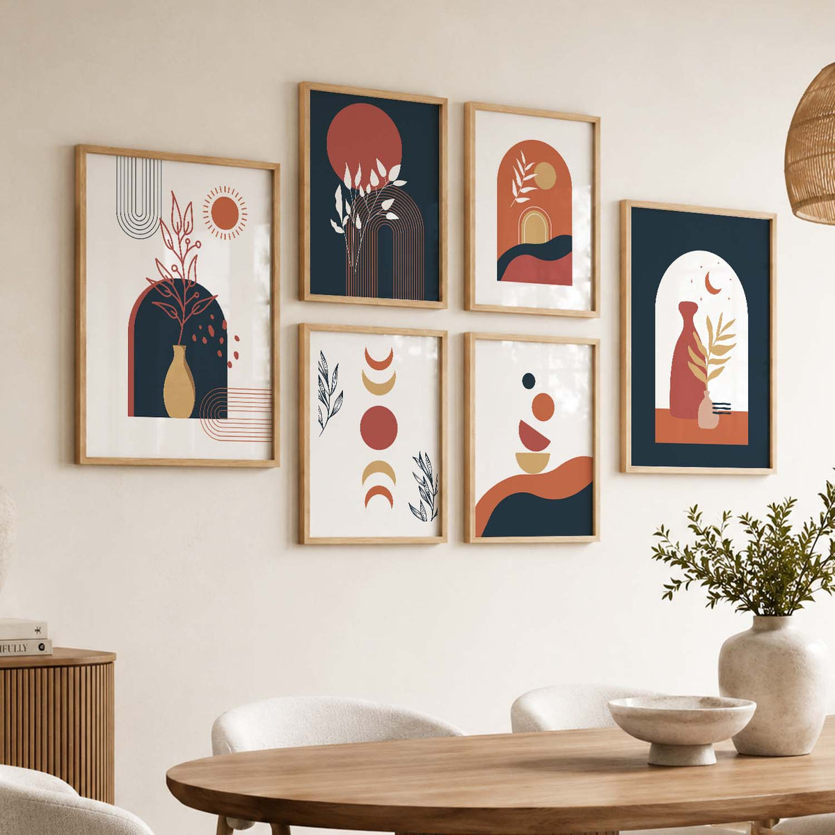 Abstract Boho Wall Art Set of 6 Framed Prints