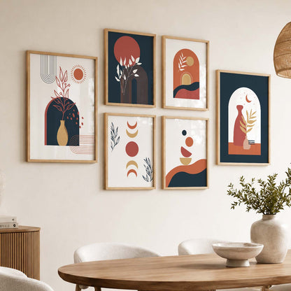 Abstract Boho Wall Art Set of 6 Framed Prints