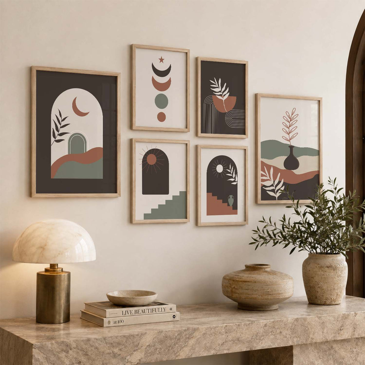 Earthy Line Art Boho Wall Art Set of 6 Framed Prints