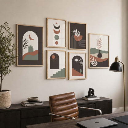 Earthy Line Art Boho Wall Art Set of 6 Framed Prints